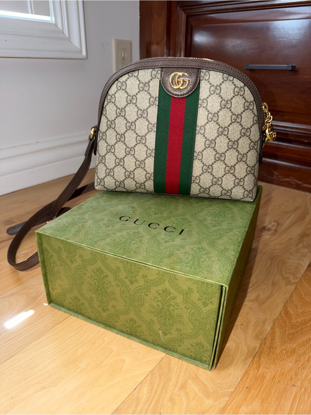Gucci Beige GG Supreme Canvas Crossbody with Green and Red Web Stripe